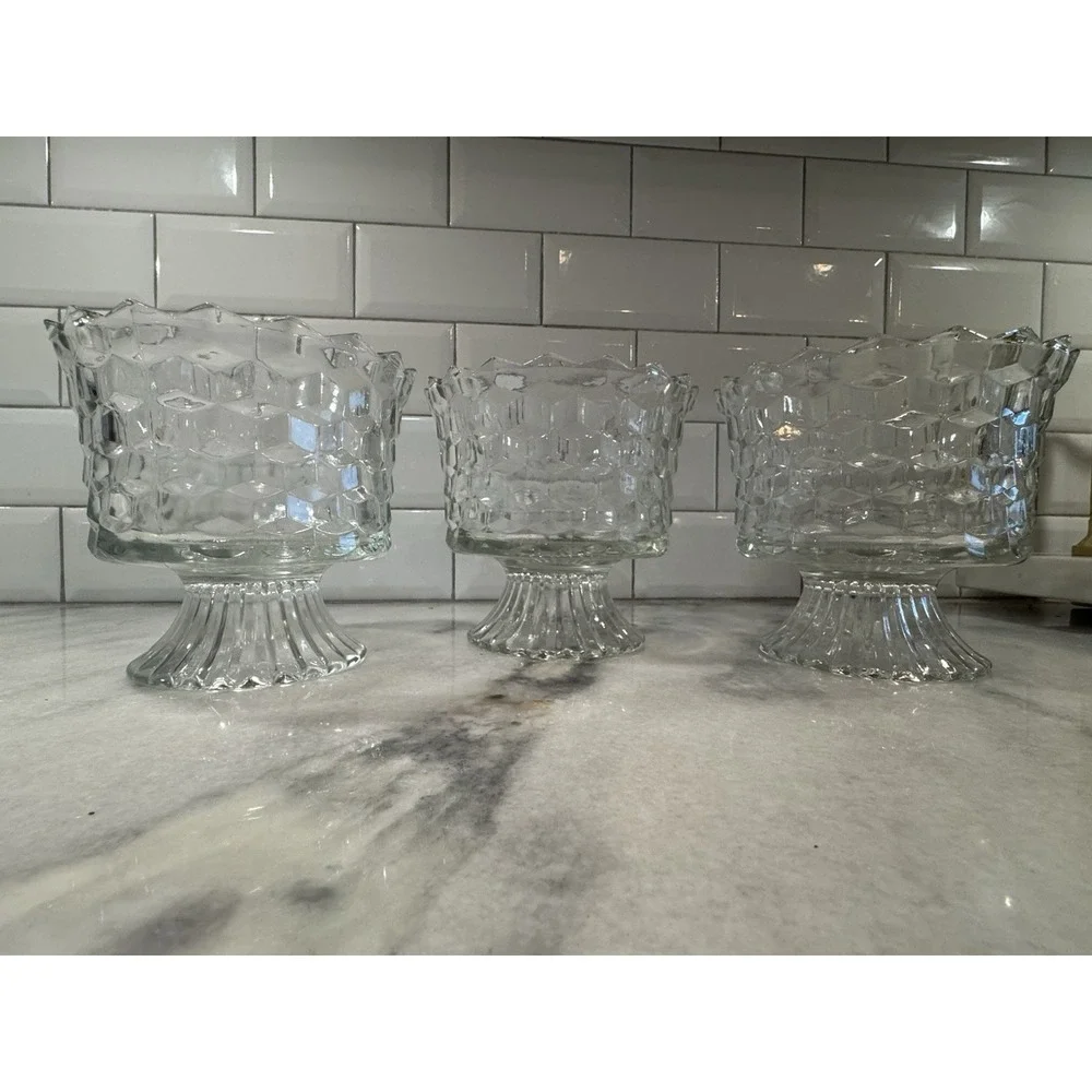 Whitehall ClearColon Cubist American Indiana Glass Footed Compote Dish set of  3